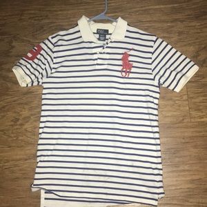 White blue striped polo shirt